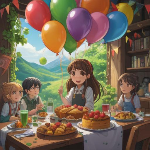 A whimsical illustration of a birthday celebration, vibrant balloons and colorful decorations, a table filled with lucky items like four-leaf clovers and sparkling crystals, a joyful atmosphere, friends and family gathered together, glowing candles on a cake, warm lighting, 4k