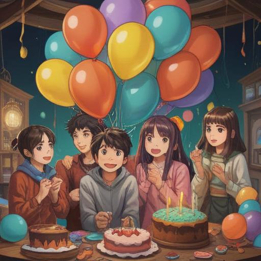 A heartfelt illustration depicting a birthday scene, colorful balloons and a beautifully decorated cake, friends and family gathered around, joyful expressions on their faces, a handwritten special message glowing with warmth, soft lighting, festive atmosphere, 4k