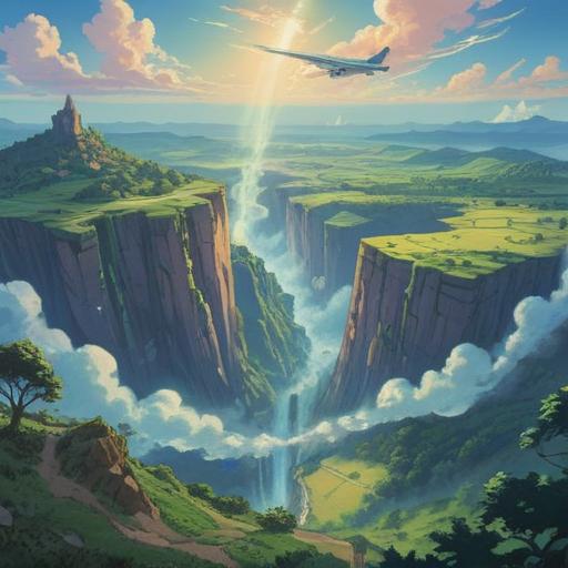 A serene landscape featuring a clear blue sky, a short contrail from a passing airplane, symbols of good luck like four-leaf clovers and stars scattered in the foreground, vibrant colors, peaceful atmosphere, inviting and hopeful scene, 4k