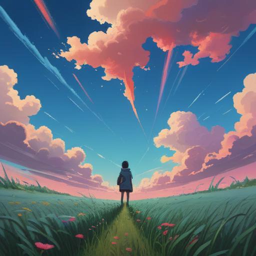 A serene landscape with a clear blue sky, short contrails crossing the horizon, a figure standing in a field looking upwards, gentle breeze, thoughtful expression, hints of nature around, soft clouds, an inviting atmosphere, symbolism of receiving messages from the heart, 4k