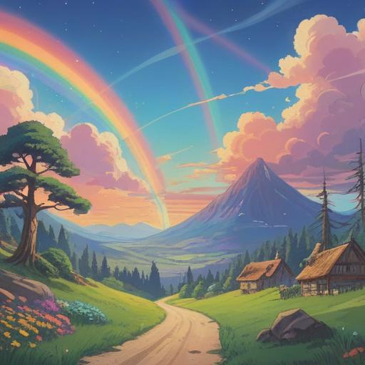 A short rainbow arching across a serene landscape, symbolizing spiritual meaning, ethereal light, soft pastel colors, tranquil setting with gentle hills, whimsical clouds, hint of mysticism, clear blue sky, delicate reflections, 4k