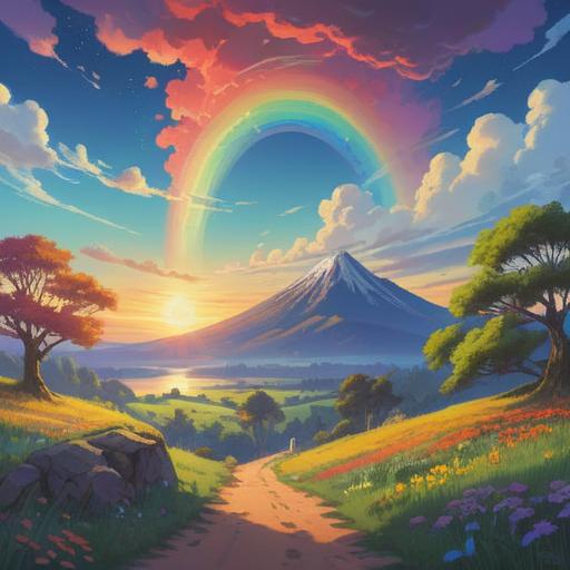 A short rainbow appearing in a serene landscape, symbolizing spiritual good fortune, vibrant colors arching across a calm sky, gentle light illuminating the scene, lush green fields below, soft clouds drifting, a peaceful river reflecting the rainbow, tranquil atmosphere, hopeful symbolism, 4k