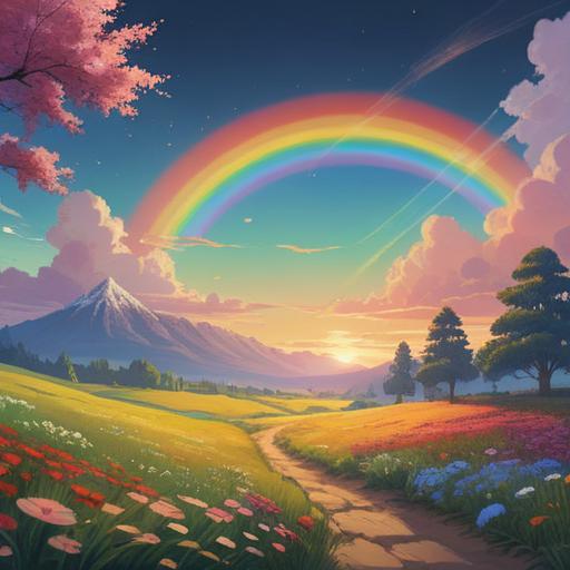 A serene landscape featuring a short rainbow appearing over a peaceful meadow, soft light illuminating the scene, delicate flowers in vibrant colors, a clear blue sky, gentle winds creating ripples in the grass, a sense of calm and spiritual awakening, an ethereal glow surrounding the rainbow, symbolic elements like feathers and crystals nearby, inviting peaceful contemplation, 4k