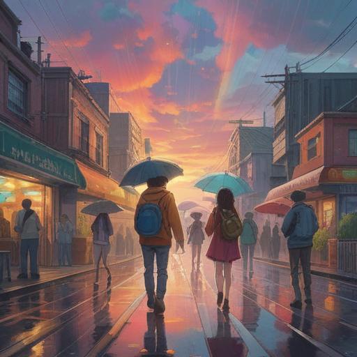 A short rainbow appearing after a rain shower, vibrant colors arching across the sky, people smiling and celebrating, an individual finding a four-leaf clover, a joyful atmosphere, lush green grass, soft sunlight breaking through clouds, moments of luck and happiness, 4k