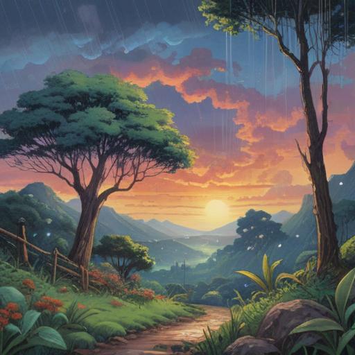 A serene landscape after a brief rain shower, a vibrant rainbow arching across the sky, glistening droplets on leaves, a sense of tranquility and hope, lush green fields, gentle sunlight filtering through clouds, a feeling of good fortune in the air, whimsical atmosphere, enchanting colors, 4k