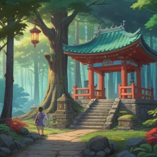 A serene and mystical scene at Daniiheno Shrine, gentle light filtering through ancient trees, vibrant foliage, worshippers engaged in prayer, sacred atmosphere, traditional Shinto architecture, spiritual symbols, tranquility, 4k