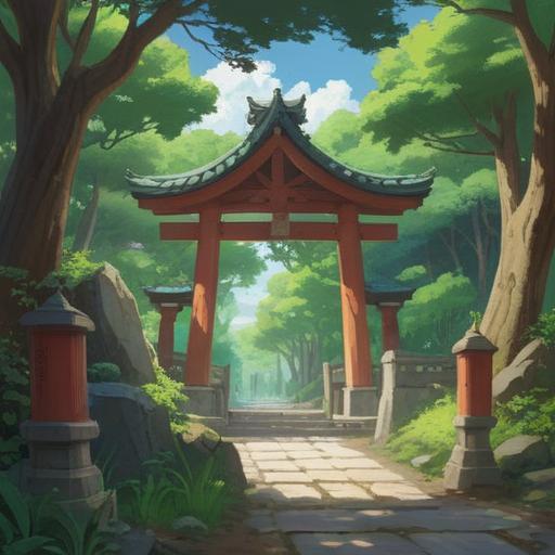 A serene scene at Dainichibo Shrine, lush green surroundings, mystical atmosphere, visitors observing spiritual signs, traditional Japanese architecture, soft sunlight filtering through trees, tranquil energy, detailed stone lanterns, peaceful pathways, 4k