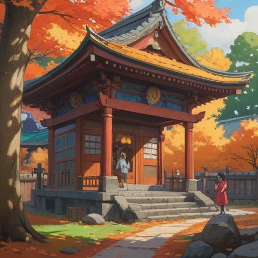 A serene scene at the Danmishino Shrine, visitors expressing gratitude after prayers, traditional Japanese architecture, vibrant autumn leaves surrounding the shrine, a table displaying lucky charms and items to try, tranquil atmosphere, soft sunlight filtering through the trees, 4k