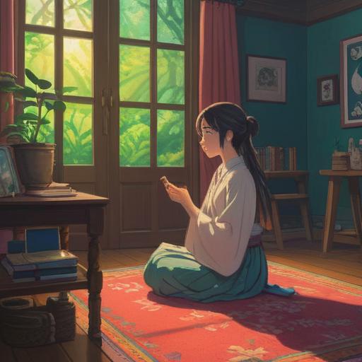A serene and introspective scene, a woman sitting alone in a tranquil room, surrounded by gentle light, symbols of peace and harmony like doves and flowers, an open window allowing fresh air to flow, reflective expression conveying deep thought, subtle energy vibrations indicated by soft auras, spiritual symbols appearing faintly in the background, soothing color palette, inviting calm atmosphere.