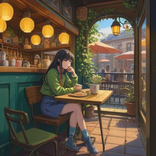 A serene and colorful illustration depicting a woman sitting at a cozy café table, a small lucky charm (such as a four-leaf clover or a lucky cat) resting beside her, soft sunlight filtering through the window, a gentle smile on her face as she reflects on her day, warm colors, inviting atmosphere, intricate details in the background, capturing a moment of personal growth after an argument with her husband, 4k