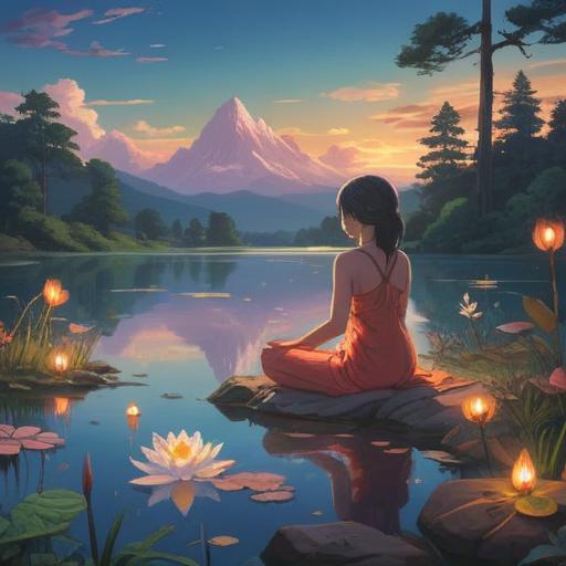 A serene landscape depicting a woman meditating by a tranquil lake, surrounded by soft, glowing light, symbols of spiritual awakening and personal growth, gentle ripples on the water reflecting a clear sky, peaceful and introspective atmosphere, emphasizing self-discovery and emotional independence, 4k