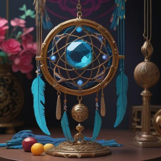 A serene still life composition featuring various lucky items symbolizing letting go of expectations, delicate crystal pendulums, vibrant dream catchers, shimmering coins, soothing talismans, a calm and inviting ambiance, gentle natural lighting, subtle reflections, soft focus, harmonious arrangement, tranquil mood, 4k