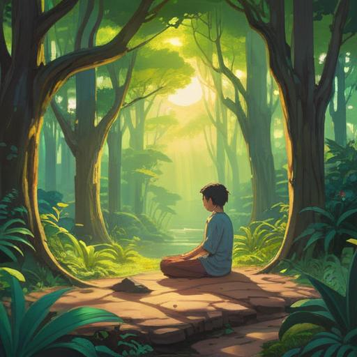 A serene and contemplative scene depicting a person meditating in nature, surrounded by lush greenery and gentle sunlight filtering through the trees, the individual appears calm and at peace, symbolizing the release of expectations, a sense of tranquility and openness, a feeling of attracting good fortune, with elements like flowing water or a soft breeze to enhance the ambiance, vibrant colors, harmonious composition, 4k