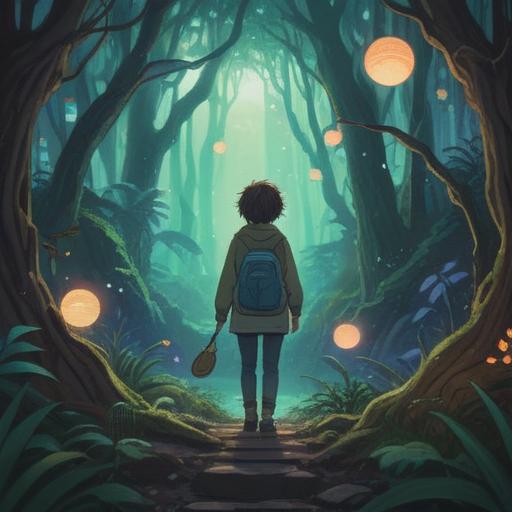 A mystical illustration of a person searching through an endless, ethereal forest, surrounded by glowing orbs symbolizing lost opportunities, a serene expression reflecting confusion and hope, light filtering through the trees creating a dreamlike atmosphere, gentle mist enhancing the spiritual essence, elements of nature representing intuition and inner guidance, 4k