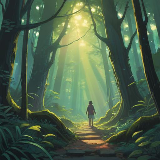 A serene and mystical landscape, a person searching through a lush forest, beams of sunlight filtering through the trees, symbols of spirituality subtly appearing in the background, a feeling of peace and introspection, vibrant colors, ethereal atmosphere, hope and guidance represented, 4k