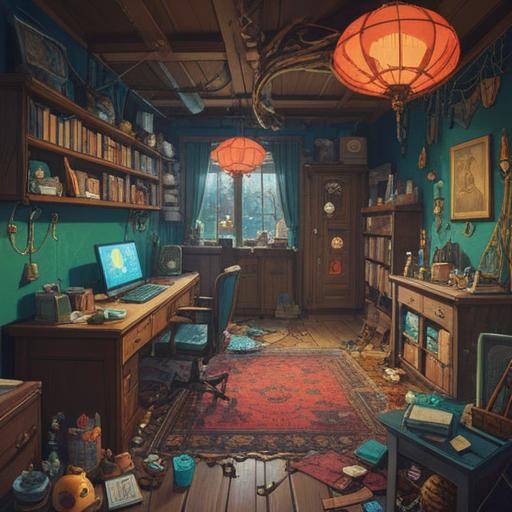 A whimsical illustration of a cluttered room filled with various objects scattered around, a small lucky charm glowing softly on a desk, an anxious character searching through the mess, sunlight streaming through the window, a sense of hope and curiosity, vibrant colors, intricate details, cat peeking out from under a pile of clothes, 4k