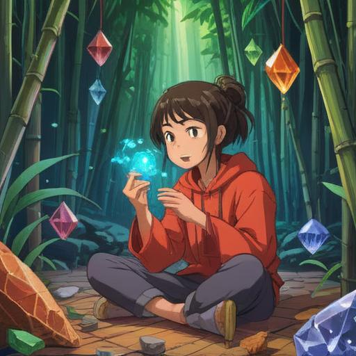 A vibrant illustration depicting a person practicing breathing exercises to strengthen the tanden, surrounded by various lucky items like crystals, bamboo, and symbols of prosperity, serene outdoor setting, clear blue sky, gentle sunlight filtering through leaves, tranquil atmosphere, detailed character portrayal, emphasis on motivation and harmony, 4k