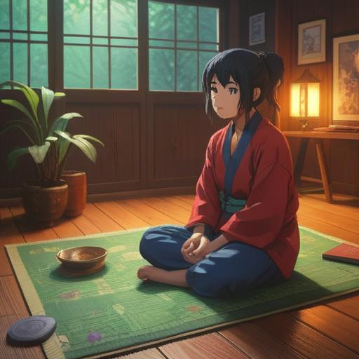 A serene indoor space, a practitioner sitting cross-legged on a tatami mat, focused expression, subtle energy flow visualization, soft natural lighting, traditional Japanese decor, peaceful atmosphere, calming colors, harmonious surroundings, mindfulness and spirituality theme