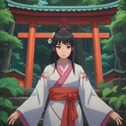 A serene and sacred depiction of Niu no Tohime Shrine, surrounded by lush forests and vibrant greenery, a tranquil atmosphere infused with spiritual energy, traditional Shinto architecture, gentle sunlight filtering through the trees, ethereal mist hovering around, representing harmony and divine connection, peaceful ambiance, intricate details of sacred rituals, 4k