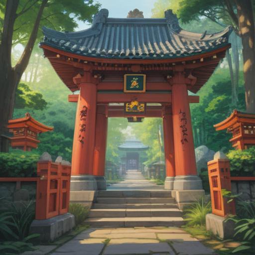 A serene illustration of Niu Tohime Shrine, surrounded by lush greenery, ethereal light filtering through the trees, a sense of calm and tranquility, spiritual symbols, visitors finding peace, vibrant colors, harmonious atmosphere, clear blue sky, awe-inspiring architecture, 4k