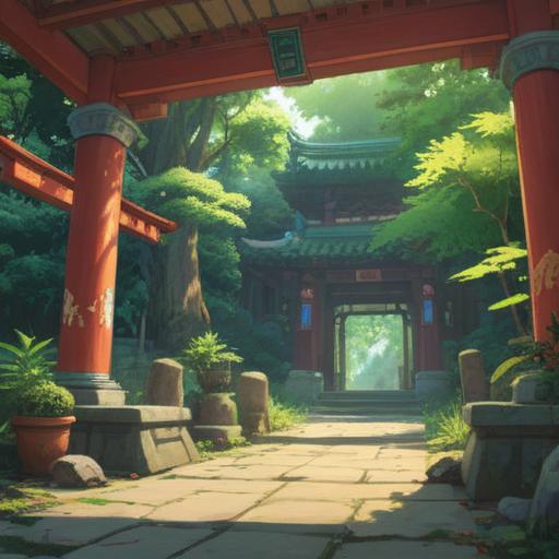 A serene scene at Niu Takimach Shrine, lush greenery surrounding the shrine, soft rays of sunlight filtering through the trees, people meditating and reflecting, mystical symbols in the air, gentle flow of a nearby stream, tranquil atmosphere, hints of spiritual energy, vibrant colors, detailed architecture of the shrine, 4k