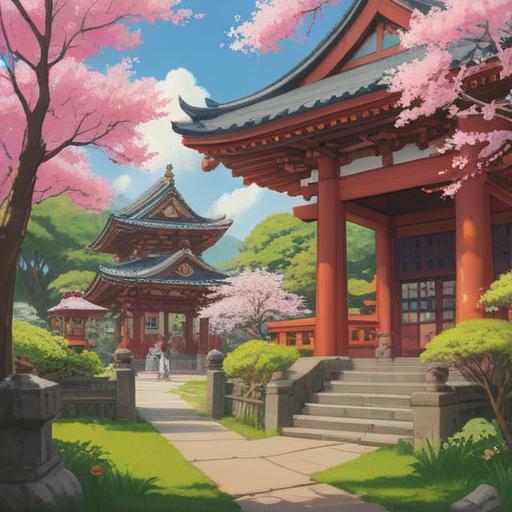 A serene illustration of Nibutani Tohime Shrine, showcasing the beautiful architecture of the shrine, surrounded by lush greenery and cherry blossom trees, depicting a peaceful atmosphere, highlighting the spiritual blessings received from the shrine, such as prosperity, health, and protection, detailed stone pathway leading to the shrine, soft sunlight filtering through the branches, 4k