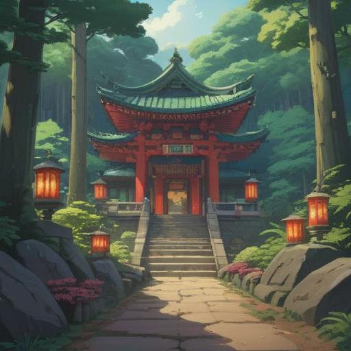 A serene scene depicting the Nibukawa Kamigama Shrine's upper and lower shrines, lush green forest surroundings, sacred atmosphere, intricate torii gates, soft sunlight filtering through the trees, spiritual symbolism of harmony and balance, traditional Japanese architecture, tranquil water features, deep connection with nature, 4k