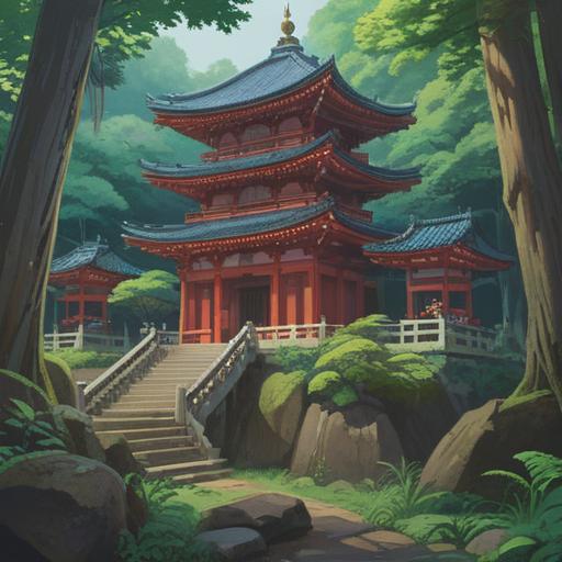 A serene illustration of Nibukawakami Shrine's Upper and Lower Shrines, depicting a tranquil landscape surrounded by lush greenery, the shrines harmoniously blending with nature, soft sunlight filtering through the trees, a spiritual aura of positivity and good signs, traditional Japanese architecture, peaceful atmosphere, vibrant colors, inviting pathways leading to the shrines, 4k