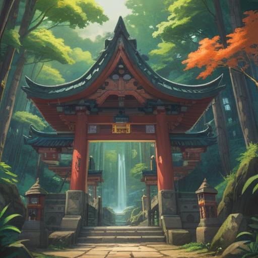 A serene illustration of Nibukawakami Shrine surrounded by lush forest, spiritual symbols subtly integrated into the scenery, visitors observing ethereal signs like glowing orbs and gentle breezes, tranquil atmosphere, detailed shrine architecture, soft sunlight filtering through leaves, harmony with nature, 4k