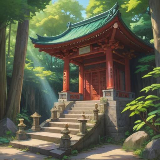 A serene and vibrant illustration of Nibukawa Kami Shrine, lush greenery surrounding the shrine, rays of sunlight filtering through the trees, a visitor holding a lucky charm in their hand, a sense of tranquility and positivity, traditional Japanese architecture, vivid details in the shrine's decorations, uplifting atmosphere, 4k