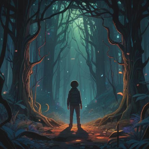 A surreal illustration depicting a person standing alone in a dark forest, surrounded by shadowy figures, symbolizing distrust and betrayal, ethereal lights illuminating the scene, representing spiritual awakening, introspective expression on the person's face, dreamlike atmosphere, deep emotional resonance, 4k