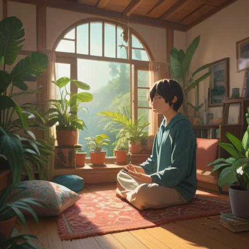 A serene morning scene, a person meditating in a sunlit room, surrounded by plants and soft cushions, gentle sunlight streaming through the window, a cozy atmosphere, calming décor, a journal and a cup of herbal tea nearby, conveying peace and mindfulness, emphasis on the beauty of daily habits, 4k