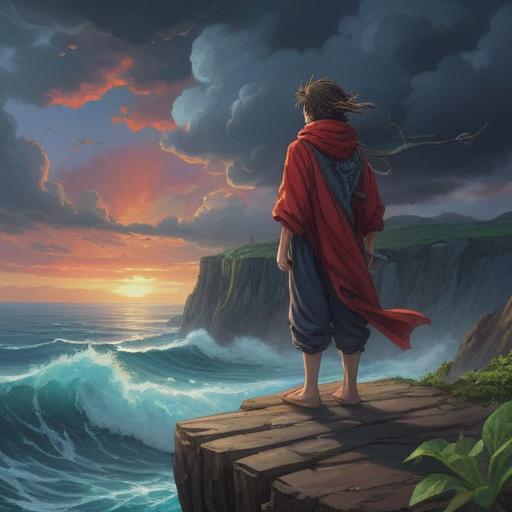 A solitary figure standing on a cliff, gazing into a vast, stormy ocean, dark clouds swirling above, feeling a deep sense of isolation, ethereal light breaking through the clouds, symbolic representation of inner struggle, spiritual awakening, contrasting colors to emphasize emotions, mixed media style