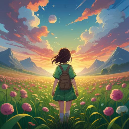 A bright and uplifting illustration representing lucky actions that lighten the heart, a person finding a four-leaf clover in a sunny field, vibrant colors, joyful expression, surrounded by butterflies and flowers, warm sunlight streaming down, a sense of hope and positivity, 4k