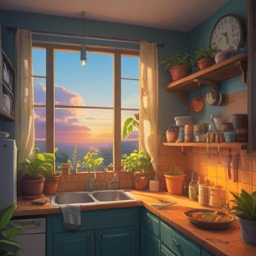 A cozy scene of everyday life filled with creative touches, a sunlit kitchen with colorful decorations, plants on the windowsill, a handmade table with unique crafts, inviting atmosphere, warm light, a cup of tea and open recipe book, soft shadows, cheerful and inspiring vibe, 4k