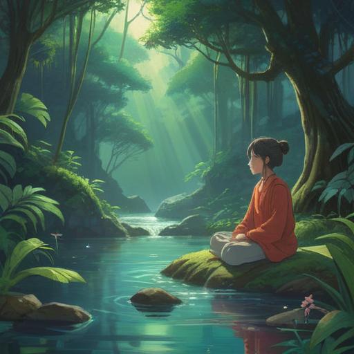 A serene landscape depicting a person meditating in a tranquil setting, surrounded by ethereal light, gentle flowing water, lush greenery, a clear blue sky, symbolizing inner peace and spiritual growth, harmonious ambiance, deep connection to nature, mindfulness practice, 4k
