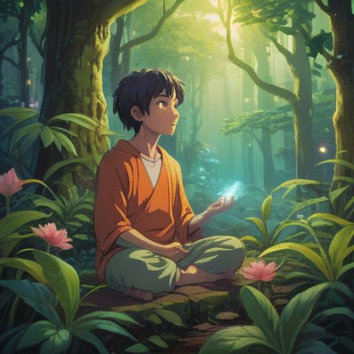 A serene and uplifting scene depicting a radiant light emanating from a person meditating in a lush forest, ethereal creatures surrounding them, symbolizing spiritual awareness and connection, vibrant energy fields, nature elements harmoniously blending, warm and inviting atmosphere, 4k