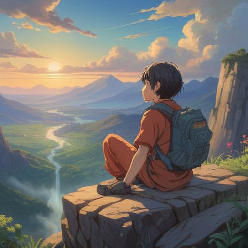 A serene landscape depicting an individual sitting on a mountainside, contemplating life, embracing solitude, soft sunlight breaking through clouds, symbolizing inner growth, gentle breeze, tranquil surroundings, lush greenery, distant mountains, reflective mood, 4k