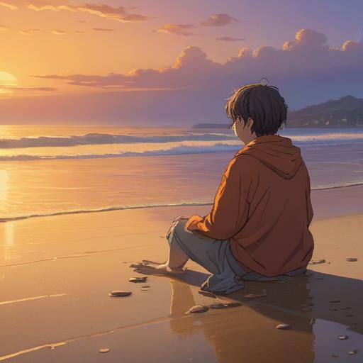 A serene and introspective scene depicting a person sitting alone on a tranquil beach at sunset, reflections of golden light on the water, soft waves lapping at the shore, symbols of solitude and inner peace, ethereal aura surrounding the figure, emotional depth conveyed through body language, gentle color palette, 4k