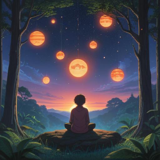 A serene landscape depicting a solitary figure meditating under a starry sky, surrounded by a vast, tranquil forest, soft glowing orbs illuminating the scene, symbolizing spiritual awakening, a gentle stream flowing nearby, reflecting the moonlight, an aura of peace and introspection, vibrant colors, detailed flora, 4k