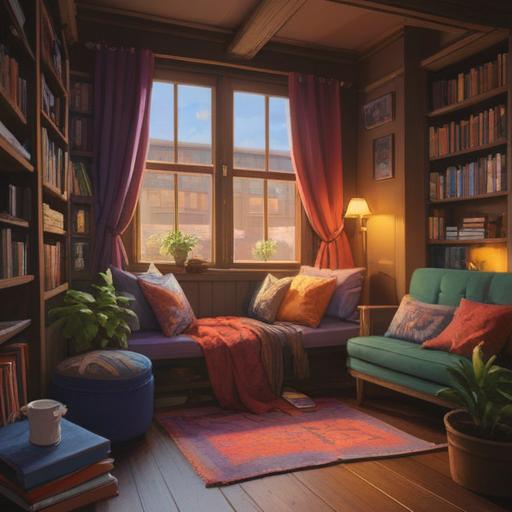 A serene moment of self-care, relaxing in a cozy reading nook, surrounded by soft cushions and warm lighting, a steaming cup of tea beside an open book, gentle sunlight filtering through sheer curtains, peaceful atmosphere, nature-inspired decor, engaging with personal hobbies, mindfulness and tranquility, vibrant colors, 4k