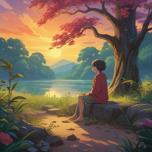 A serene and introspective scene, an individual sitting alone in a peaceful natural setting, surrounded by soft light and gentle nature elements, representing spiritual growth and self-reflection, lush greenery, calm water nearby, ethereal atmosphere, vibrant colors, 4k