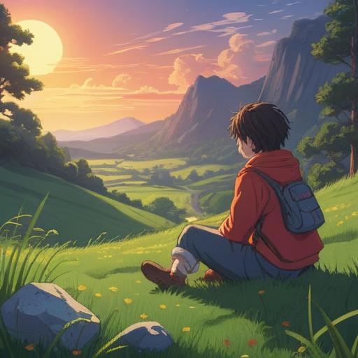A calm, introspective moment in a serene setting, a person sitting alone on a grassy hill, holding a shimmering lucky stone in their hand, soft sunlight illuminating the scene, surrounded by gentle wildflowers, a peaceful sky overhead, a sense of solitude and tranquility, personal reflection, natural beauty, 4k