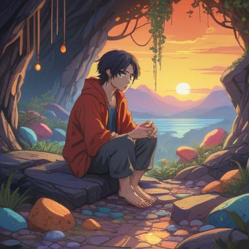 A serene and contemplative scene, a solitary figure sitting in a tranquil environment, surrounded by an array of colorful lucky stones, soft sunlight filtering through the leaves, reflective expression on the character's face, peaceful ambiance, intricate details in the stones, nature-inspired setting, capturing the essence of enjoying solitude, 4k