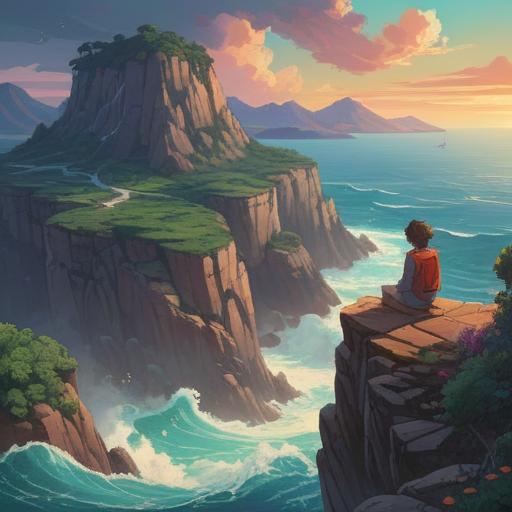 A serene and introspective scene, a person sitting alone on a cliff, overlooking a vast ocean, soft waves gently crashing below, ethereal clouds floating in a twilight sky, symbolic representation of solitude and self-reflection, glowing aura surrounding the figure, sense of calm and inner peace, vibrant hues of purple and blue, 4k