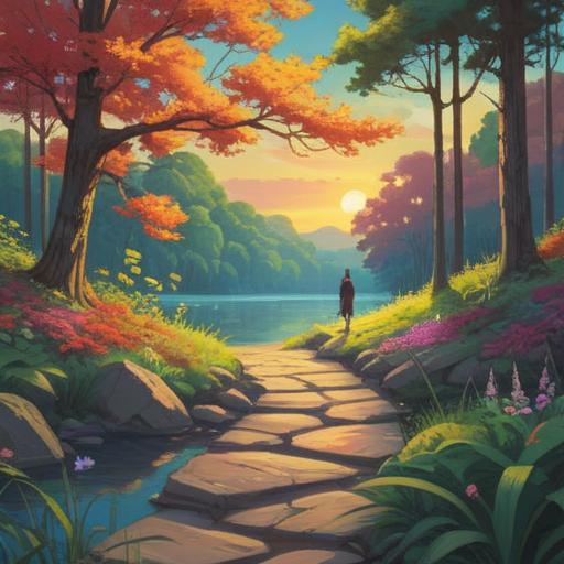 A serene landscape depicting solitude, gentle light filtering through trees, a peaceful pathway leading into the distance, a calm lake reflecting the sky, a sense of introspection and personal growth, nature's tranquility symbolizing inner peace, 4k