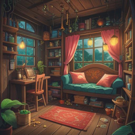 A serene and whimsical scene featuring a cozy nook with a person peacefully enjoying solitude, surrounded by lucky charms such as a four-leaf clover, a horseshoe, and a lucky coin, warm lighting casting soft shadows, a cup of tea steaming gently, inviting ambiance, books stacked on a wooden table, calming colors, nature visible through a window, tranquil atmosphere, 4k
