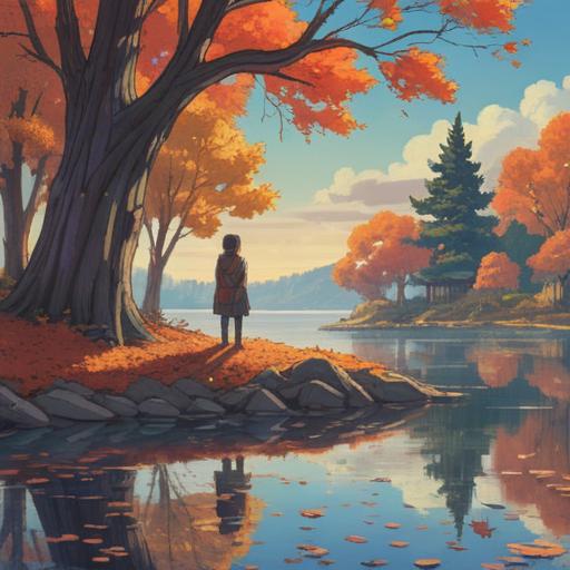 A contemplative scene depicting a person standing at the edge of a serene lake, surrounded by autumn trees, reflections shimmering on the water's surface, gentle breeze rustling the leaves, a soft light illuminating the tranquil setting, emphasizing the theme of loneliness turned to richness, 4k