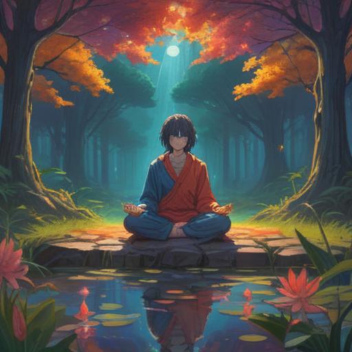 A deep and introspective illustration, a solitary figure meditating in a serene environment, surrounded by ethereal light, symbolizing spiritual isolation, gentle waves of tranquil energy, reflective water surface, soft fog enveloping the surroundings, a sense of peace and solitude, cosmic elements in the background, 4k
