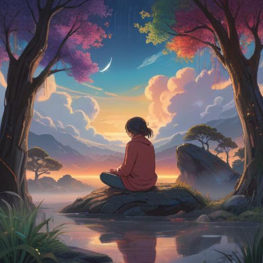 A serene and mystical landscape, depicting a lone figure meditating in nature, surrounded by ethereal lights and soft wisps of clouds, symbols of spiritual connection and personal growth, tranquil atmosphere, vibrant colors, harmonious balance, 4k
